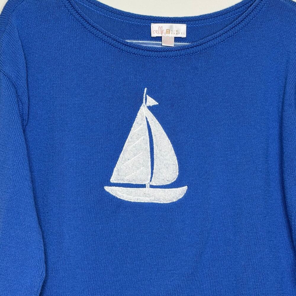 BELLE KIM GRAVEL Come Sail Away Sailboat Sweater Boat Neck Blue White Womens S - Picture 4 of 8
